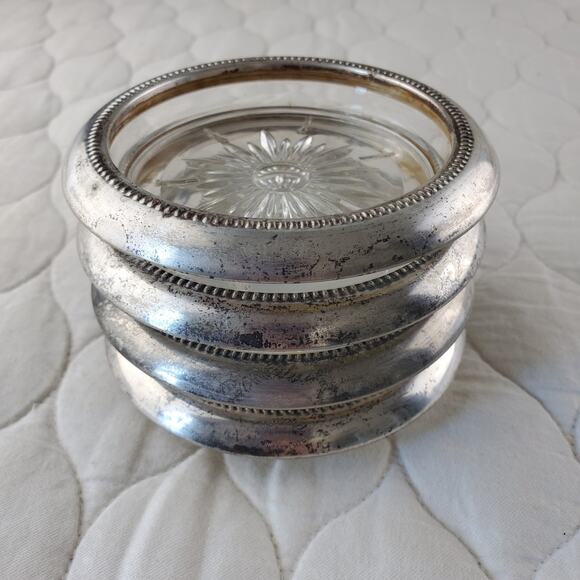 VNTG 1950s Leonard Silverplated Crystal Coasters Italy Set of 4 Starburst Glass - Picture 7 of 7